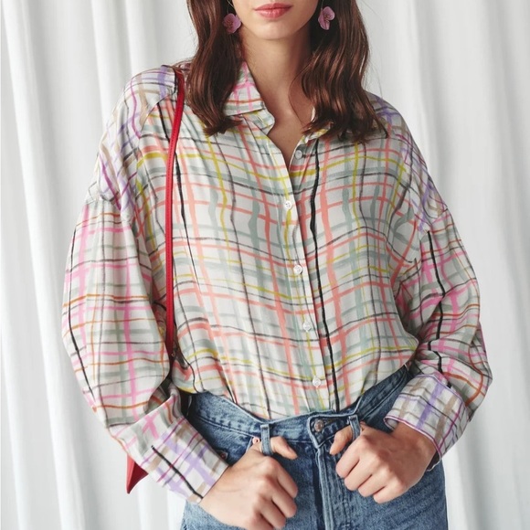 CeliaB EYRA Funky Colorful Plaid Button-Down Shirt Size Small - Picture 1 of 13
